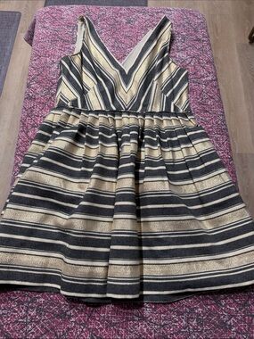 J. Crew Gold and Black Striped V-Neck Dress